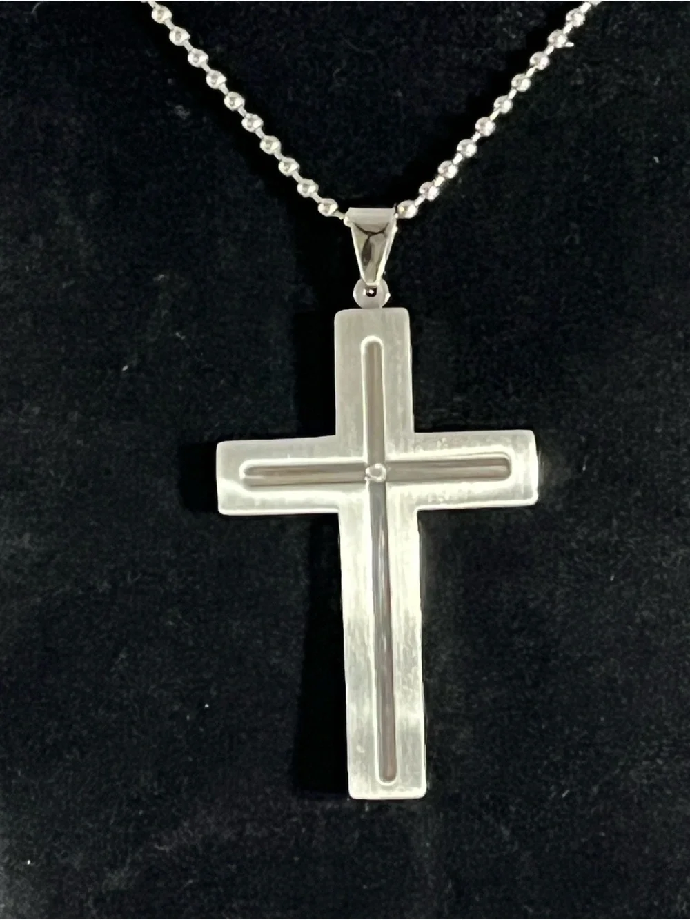 24”,Stainless Steel, Cross Pendant with Single CZ Stone & Bead Necklace